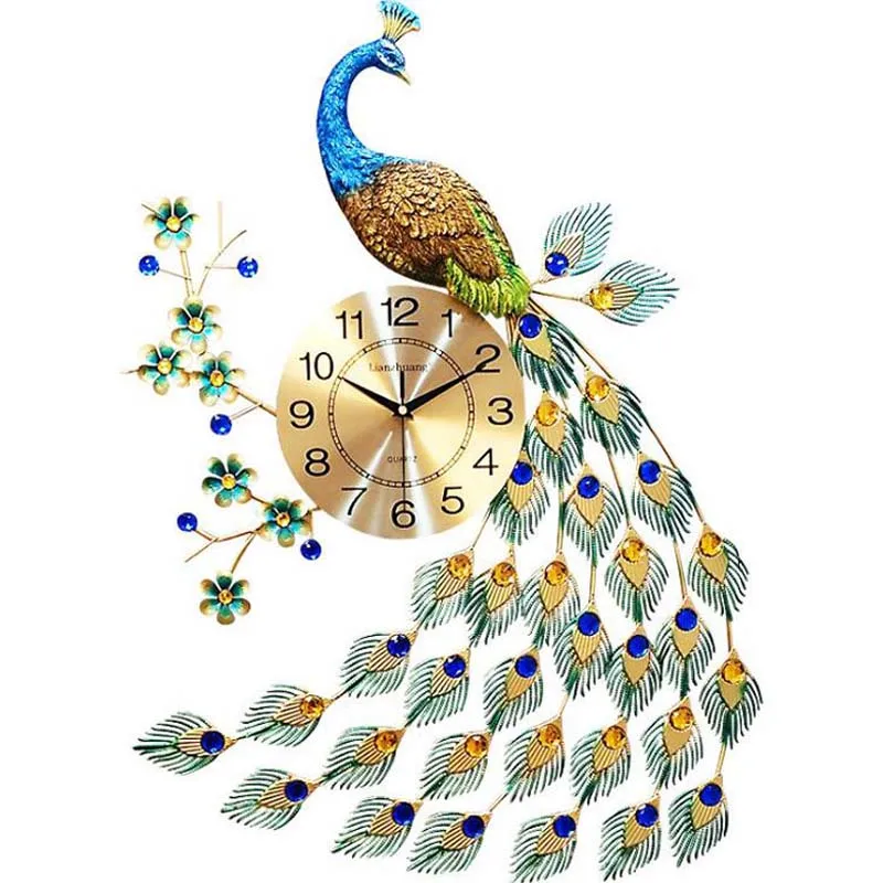 

Luxury Crystal Peacock Wall Clock Modern Design 3D Clocks Wall Klok for Living Room Home Decor Wall Clock Wall Watches