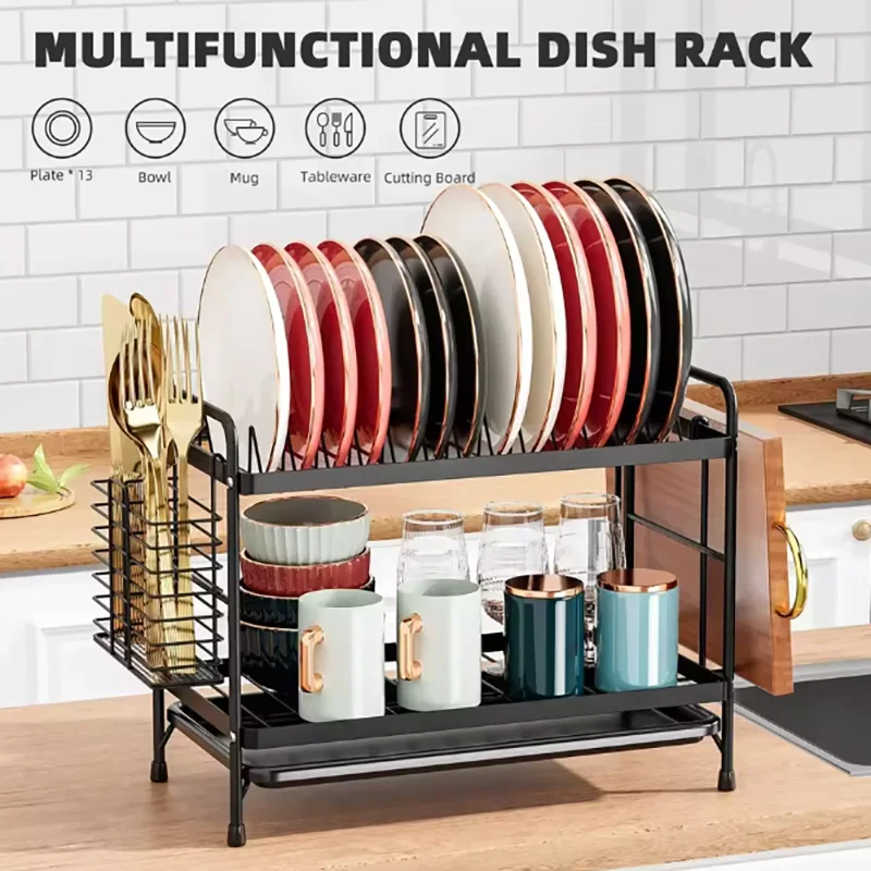 2 Tier Dish Drying Rack Drain Board Set Tableware Drainer Kitchen Countertop Storage Rack Cup Holder Knife And Fork Holde