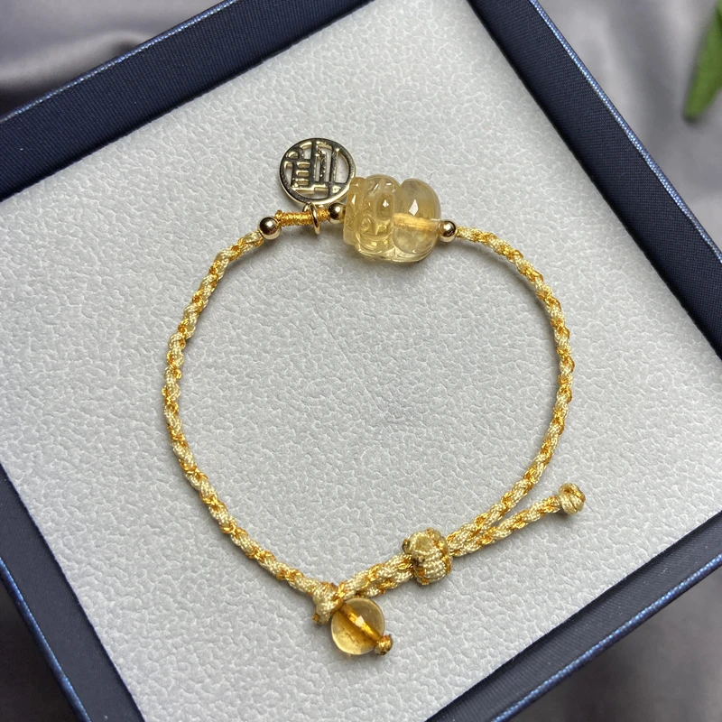 

Natural Yellow Citrines Crystal PIXIU Bracelet Handmade braided Design Bring Health Wealth Lucky Women Jewelry Female Gift