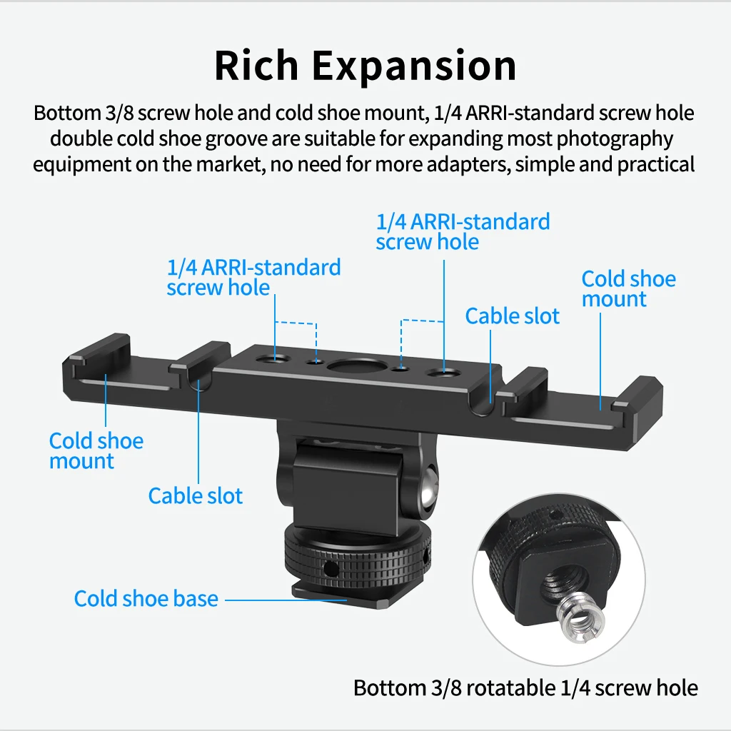 Double Cold Shoe Adapter 1/4 ARRI Mount Extension Bar 360 Rotatable Bracket for