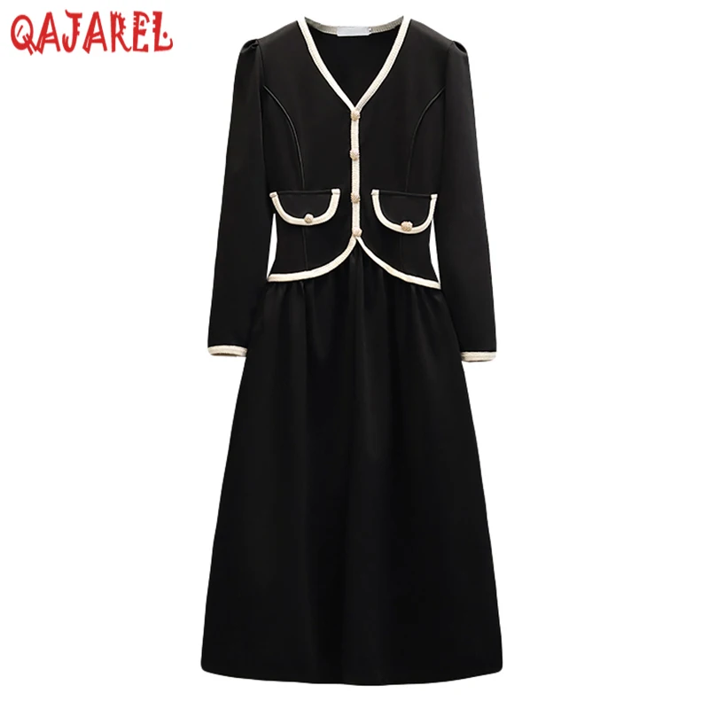 

Autumn Winter Black Knitted Cotton Long Sleeve V-Neck Midi Dress 2024 Korean Vintage Hepburn Dress Women Elegant Bodycon Dresses