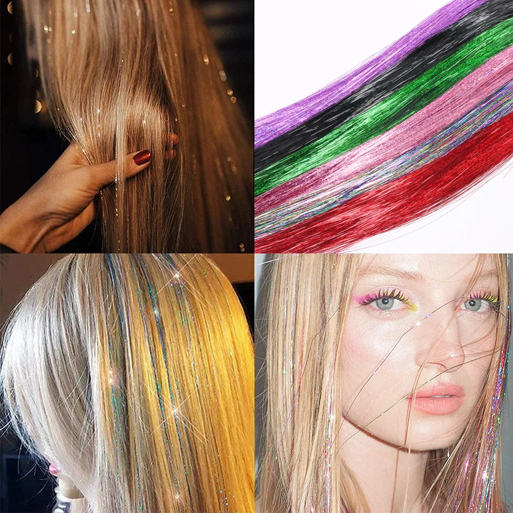 Shiny Hair Tinsel Rainbow Colored Strands Synthetic Tinsel Hair Extensions Girl Headwear Hippie for Braiding Glitter Hair