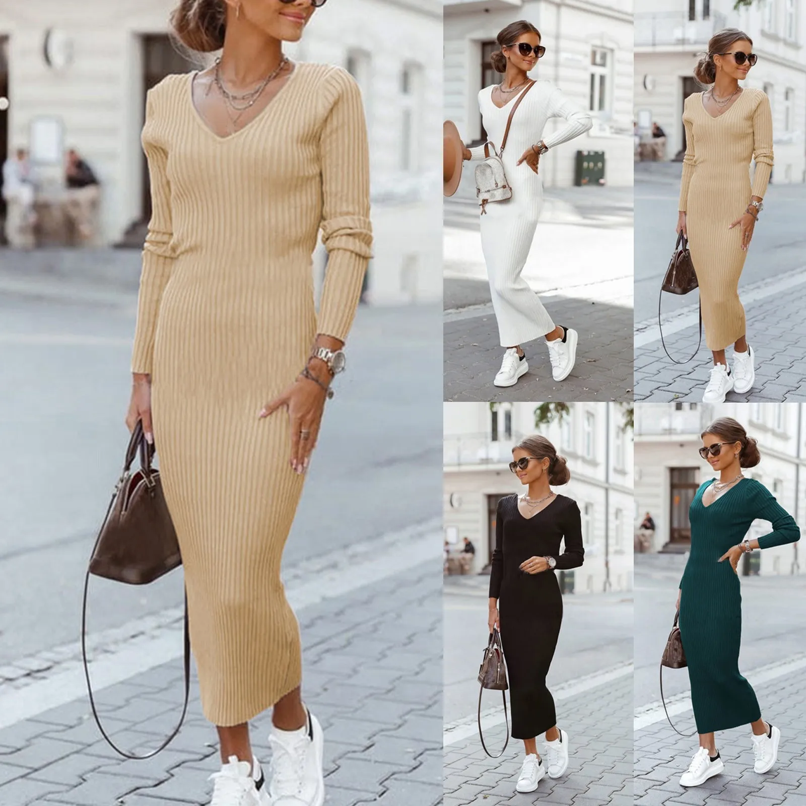 LuxuryLongDressesForWomenFashionLongSleeveDressVNeckPlain