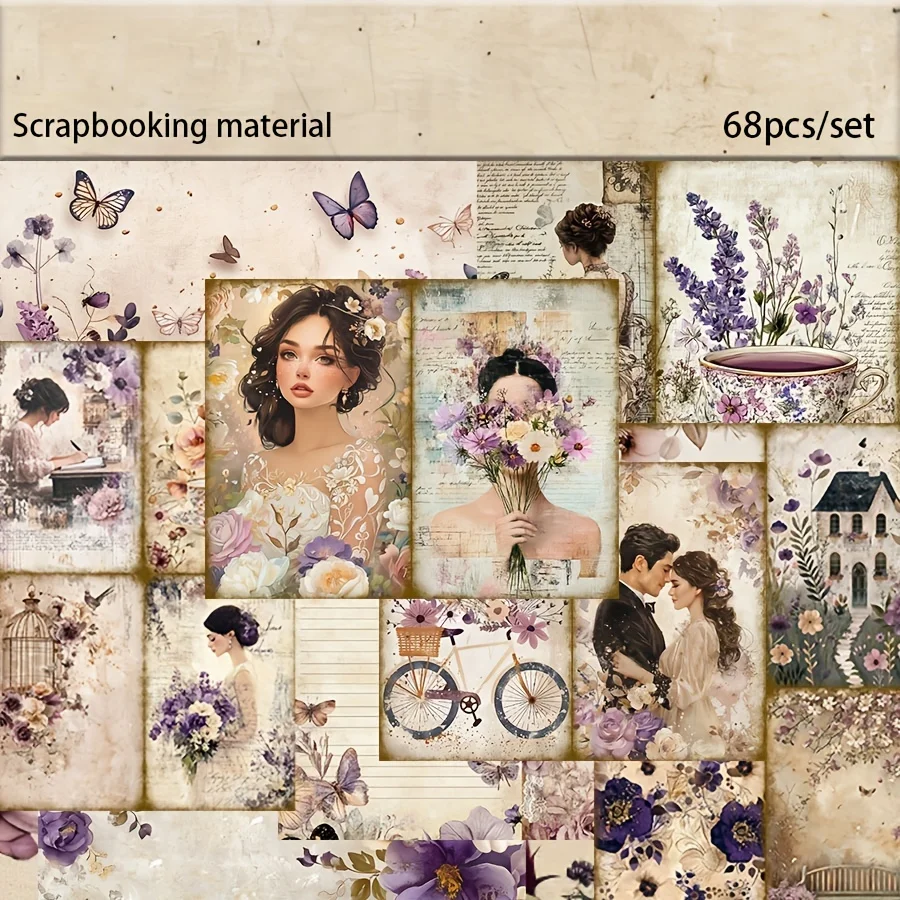 68pcs Card and Sticker Set Vacation Wedding Lavender Purple Floral Patterns Wedding Album DIY Greeting Card Junk Journal