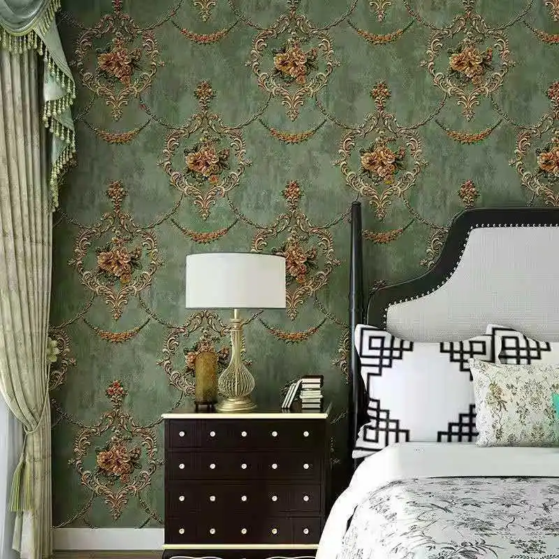 Papel de Parede Não Tecido da Flor Pastoral 3d Estilo Europeu Verde Quarto Sala Sofá Papel de Parede do Fundo da Tevê a & b