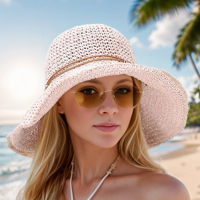 Fashion Crochet Womens Seaside Foldable Straw Weave Sun Straw Hat Wide Brim Real Straw Floppy Trilby Bow Summer Beach Sun Hat 3
