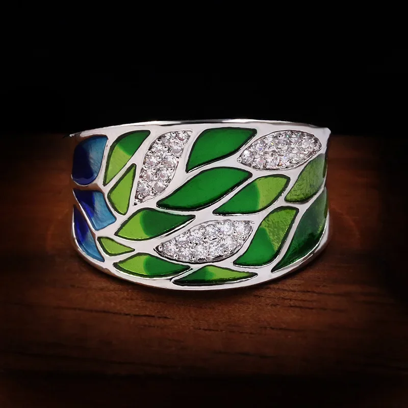 Silver Rings Silver Ring Wedding Rings Elegant Bohemian Style 925 Silver Green Leaf Enamel Ladies Ring Zircon Inlaid Wedding Ring Fashion Jewelry Flower For Women