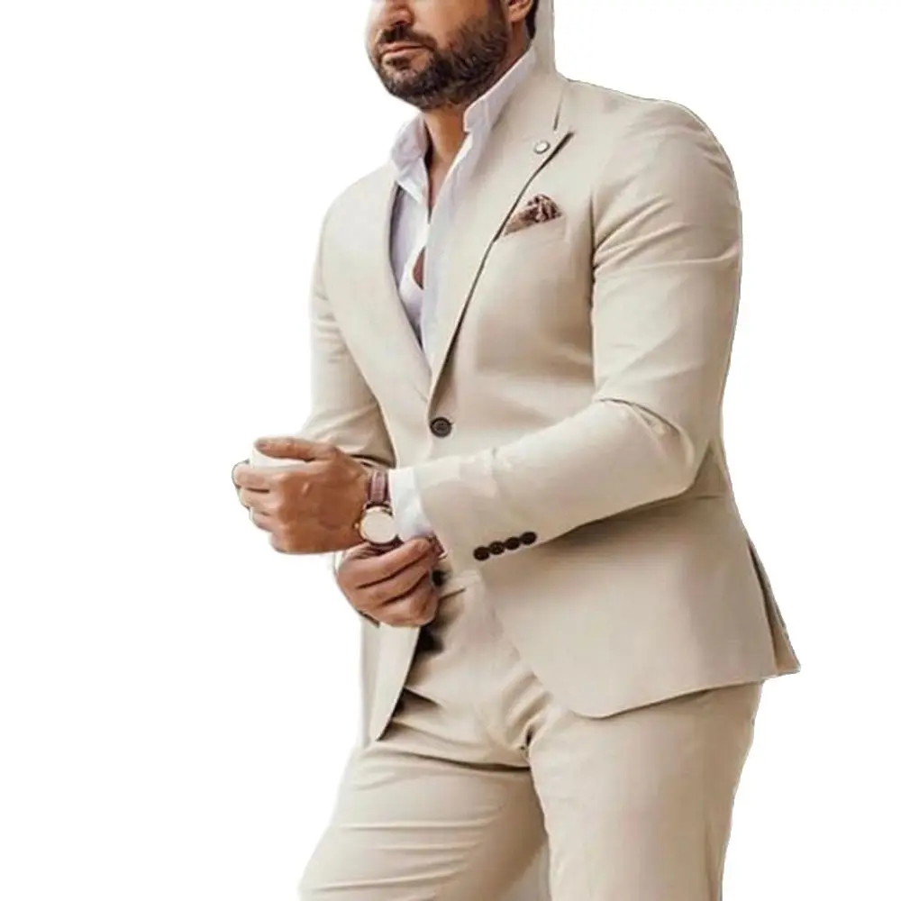 Beige Wedding Tuxedos Groom Wear Blazer Business Men Suits Latest Design 2 Pieces Blazer Masculino Jacket Pants Costume Homme