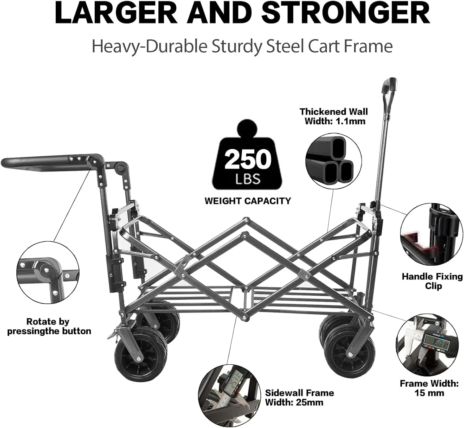 Wagon Heavy Duty Folding Wagon Cart with Removable Canopy, 4" Wide Large All Terrain Wheels, Brake, Adjustable