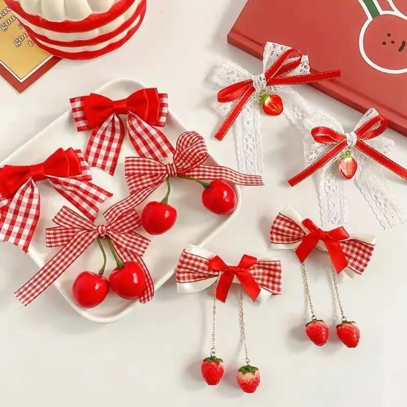 Red Cherry Bow Girls Hair Clip Plaid Lace Bow Ribbon Strawberry Hairpin Kawaii Side Bangs Clip Barrettes Kids Headwear