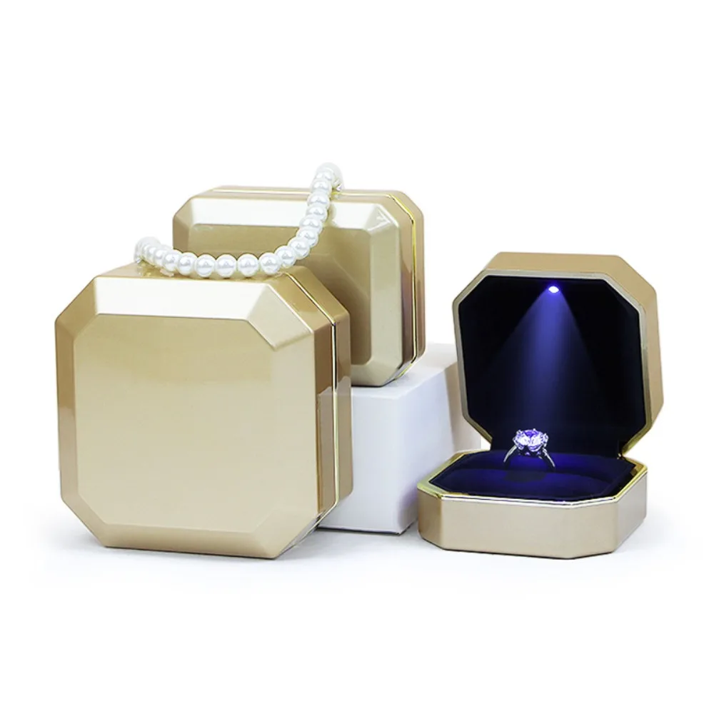 

Luxury Jewelry Couple Ring Box With LED Light For Engagement Wedding Ring Box Festival Birthday Jewerly Ring Display Gift Boxes