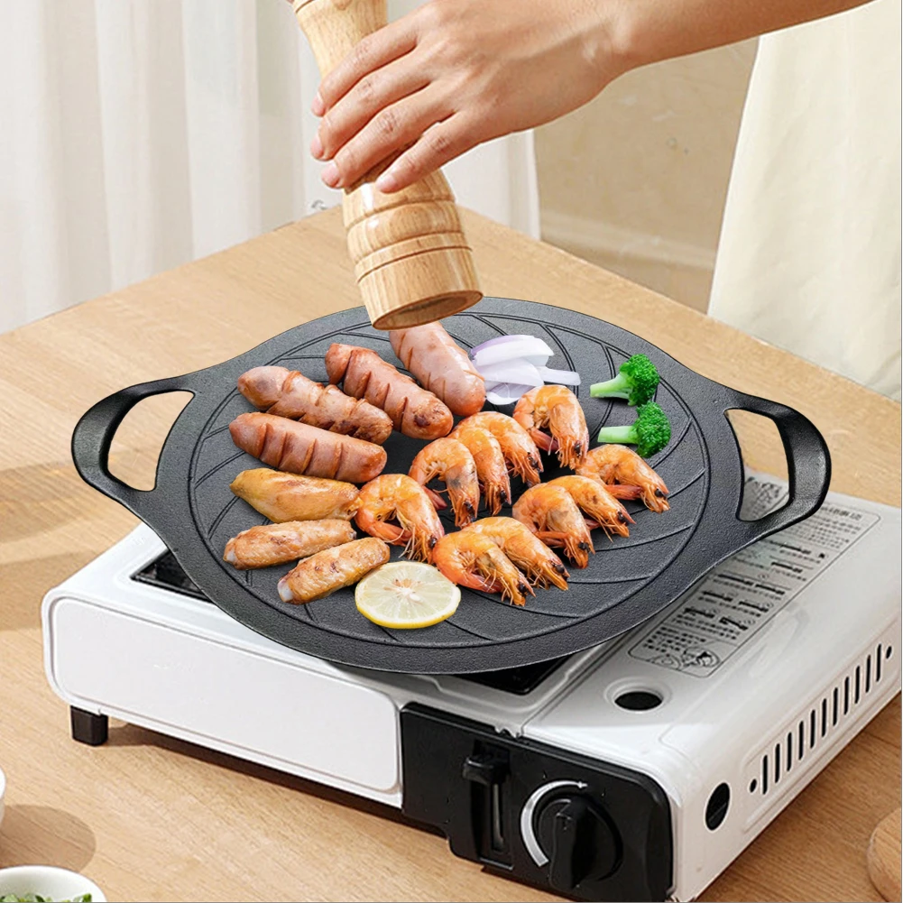 15 Inch Cast Iron Grill Pan Round Grill Skillet Nonstick BBQ Grill Pan Compatible for Gas Stove for Indoor Or Outdoor Grilling