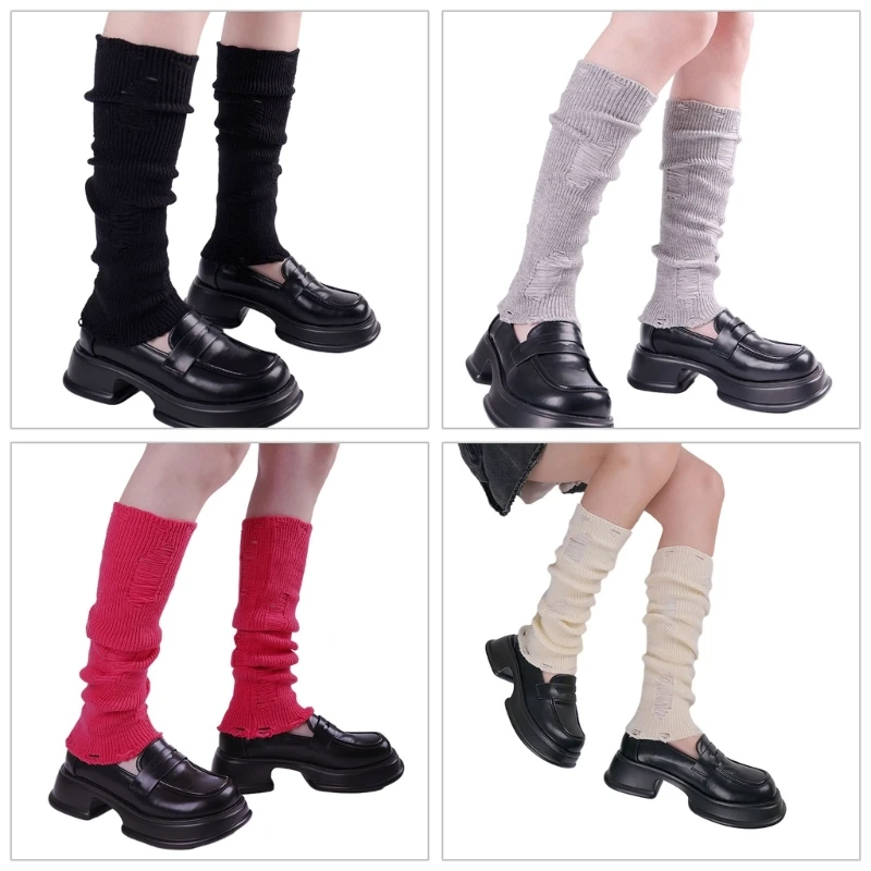 

Distressed Ripped Leg Warmers Women Y2K Girl Ribbed Knit Leg Cover Long Socks