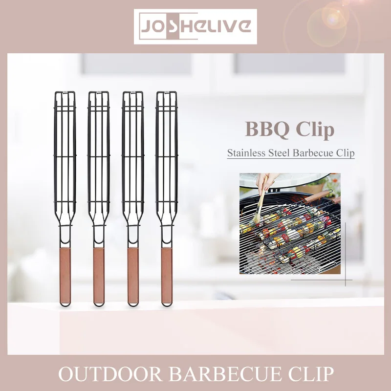 Barbecue Basket Bar Shape Iron And Steel Wire Wood Skewer Portable BBQ Grilling Basket Bar Kabob BBQ Grilling Tools
