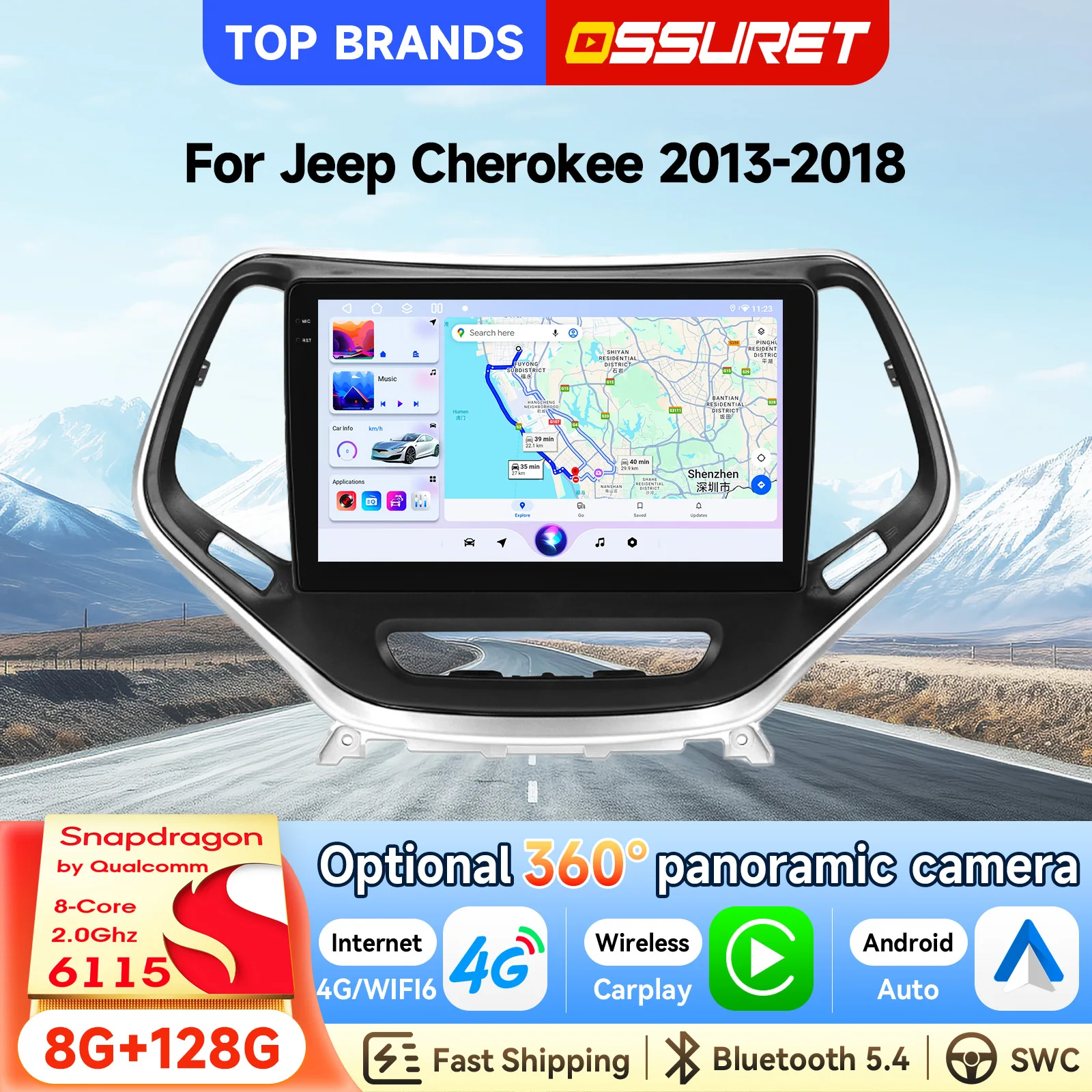 OSSURET - Reproductor Multimedia para Auto con Pantalla Táctil InCell de 10.1 Pulgadas, Android 14, 2 Din, para Jeep Cherokee 2013-2018, con Qualcomm Snapdragon 6115 Octa Core, Navegación GPS, Bluetooth, Manos Libres, SWC, Carplay Inalámbrico, Android Auto, WiFi, RDS, DSP, Audio 1
