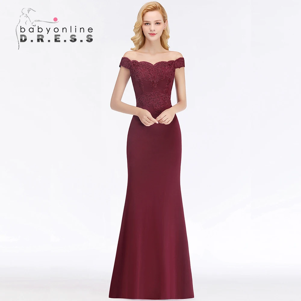 

BABYONLINE Burgundy Bridesmaid Dress Off Shoulder Elegant Bead Appqulies Wedding Guest Party Gown for Women robe de soiree Vesti