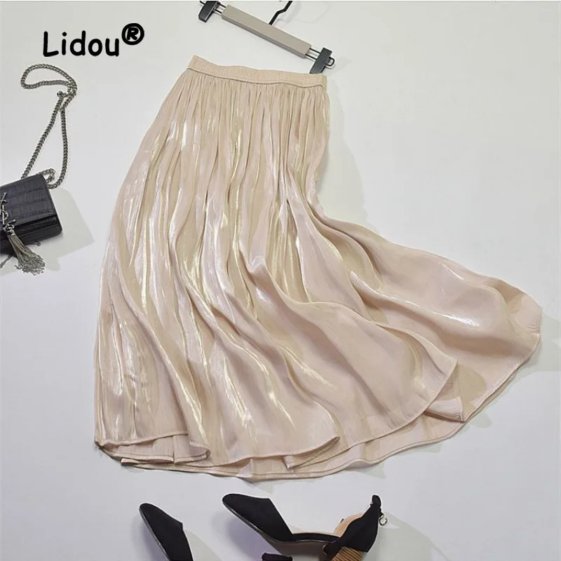 

Classic Fashion Smoothness Silky Skirt Women High Waisted Slim Versatile Sagging Sensation Lady Pleated Midi A-line Skirt