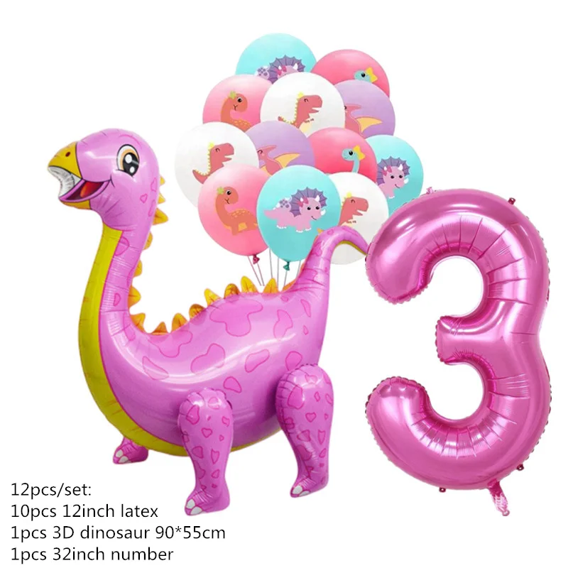 1 Set 1 2 3 Jahre Rosa 3D Dinosaurier Geburtstagsparty Dino-Ballons Latex-Ballon Mädchen Geburtstagsparty Kinder Baby-Shower Dschungel Safari Deko – Detail 3