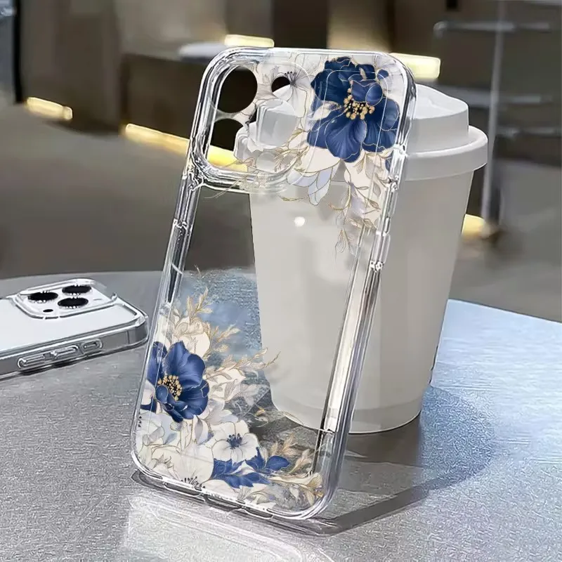 Elegant Blue and White Floral Design Clear Phone Case - Soft TPU Cover