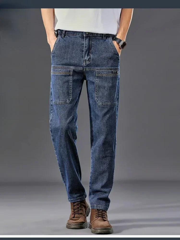 2024 Six-Pocket Jeans Men's Convenient Cargo Jeans Trendy Brand Youth Straight Work Pants Slim Fit Large Pocket Men's Pants