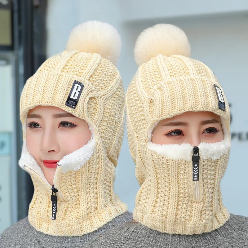 Women Wool Knitted Ski Hat Sets Windproof Winter Outdoor Knit Thick Siamese Scarf Collar Warm Keep Face Warmer Pompoms_voghion.com