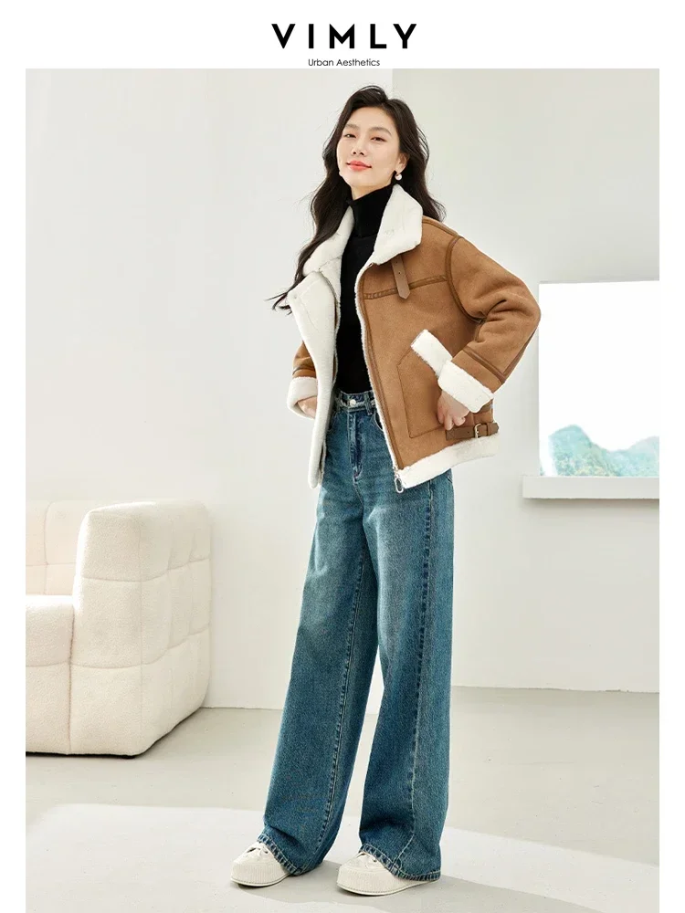 Vimly Double Faced Faux Fur Jacket 2023 Lapel Zipper Long Turn-up Sleeve Contrast Faux Shearling Female Winter Warm Coat 50713
