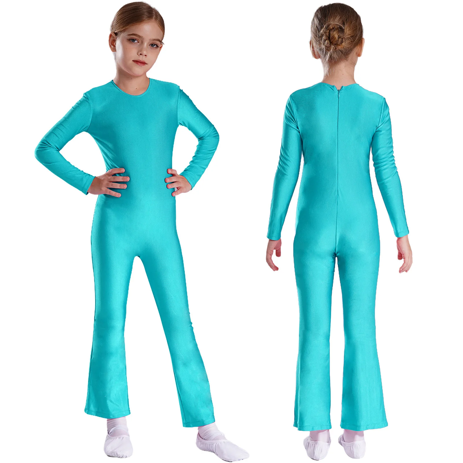 thumbnail image 1 of Mono para gimnasia y Ballet para niñas, mono de Color sólido con cuello redondo y manga larga con parte inferior acampanada, leotardo para el cuerpo, 1 of 5