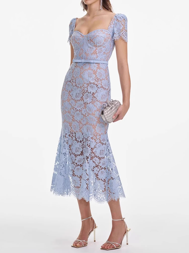 Vestidos elegantes de encaje con cuello cuadrado para mujer