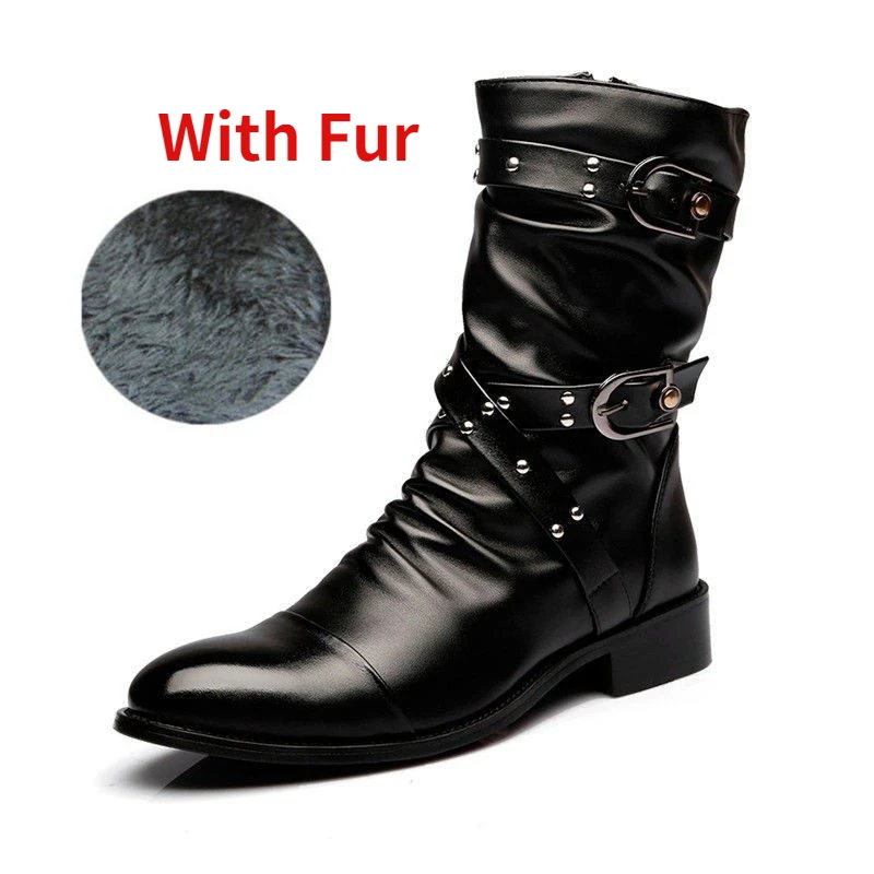 thumbnail image 1 of Botas de invierno a media pantorrilla con punta estrecha para hombre, botas Chelsea con correa y hebilla, botas de cuero para motocicleta, zapato de invierno para hombre de caña alta, 1 of 5