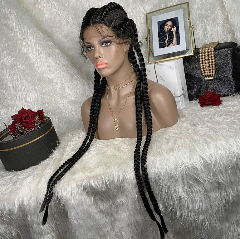 Women Long Box Braided Wigs 4 Braids Crochet Braids Lace Front Wig Glueless