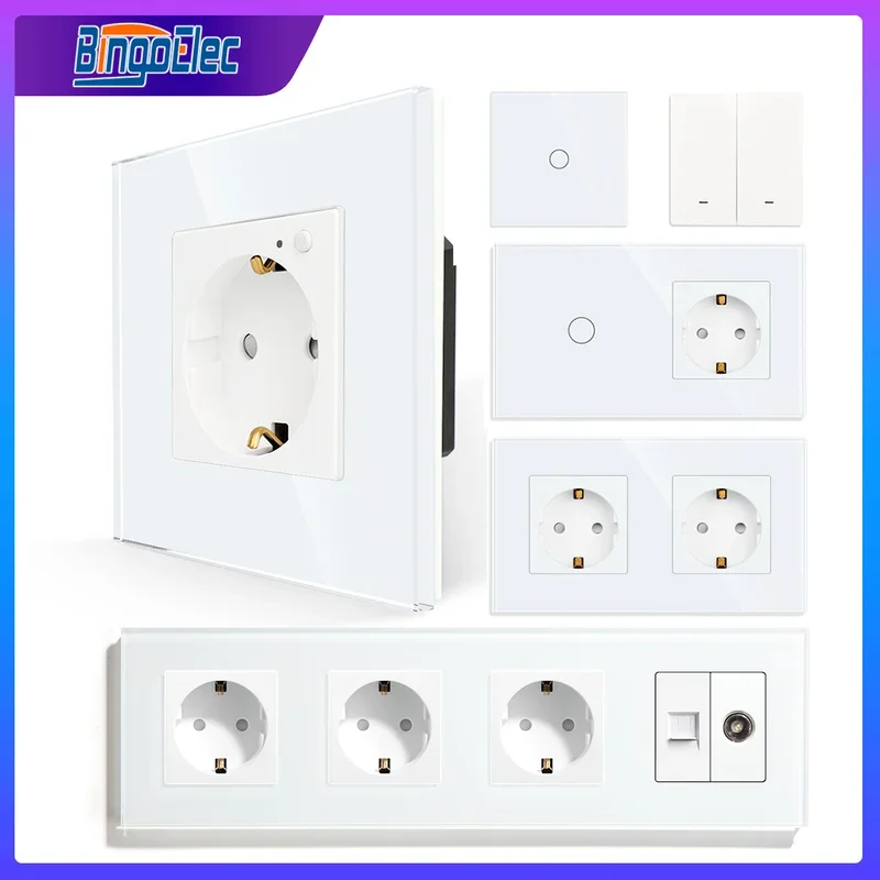Tomadas de Parede Branca Bingoelec e Switchestv Rj45 Internet e Tomada Usb Touch Switch com Painel de Vidro Tomada Wifi Interruptor Inteligente