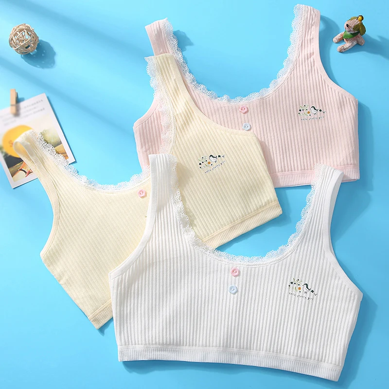 Double Layer Cotton Soft Breathable Underwear for Kids Girls 4 Seasons Cartoon Pattern Breast Care Bra for Teens Teenage School