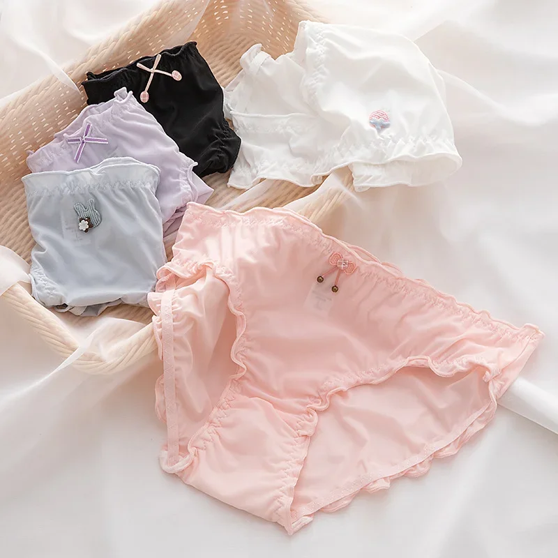 Cute Ruffle Women Panties Seamless Ice Silk Comfortable Briefs Bowknot Small Strawberry Decorated Girl Pantie Intimate Underwear