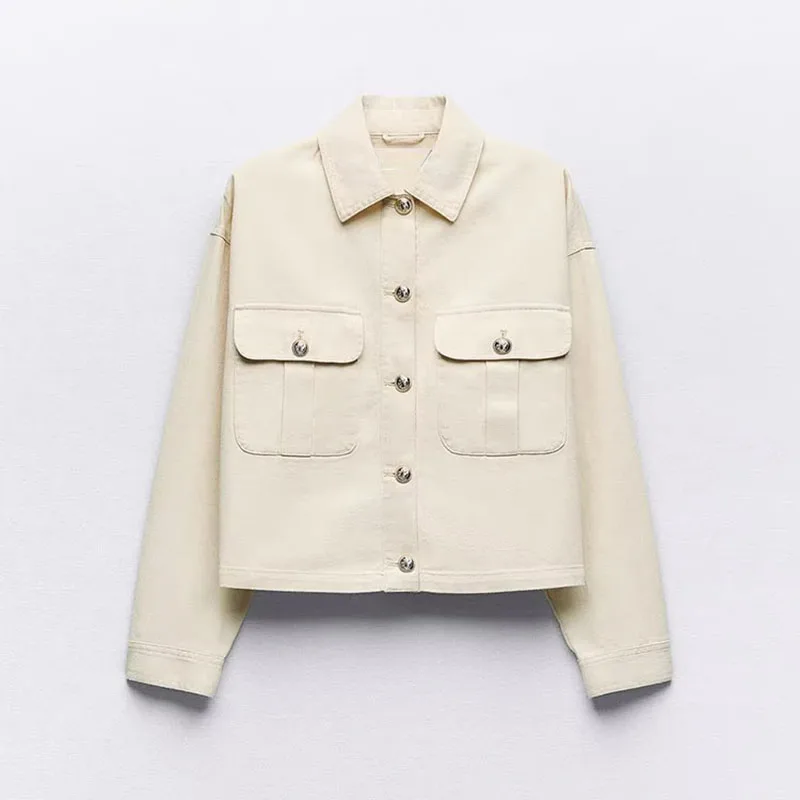 

2024 Spring Autumn New Women Shirt Jacket Casual Loose Pocket Single breasted Workwear Solid Lapel Long Sleeve Overshirt Top