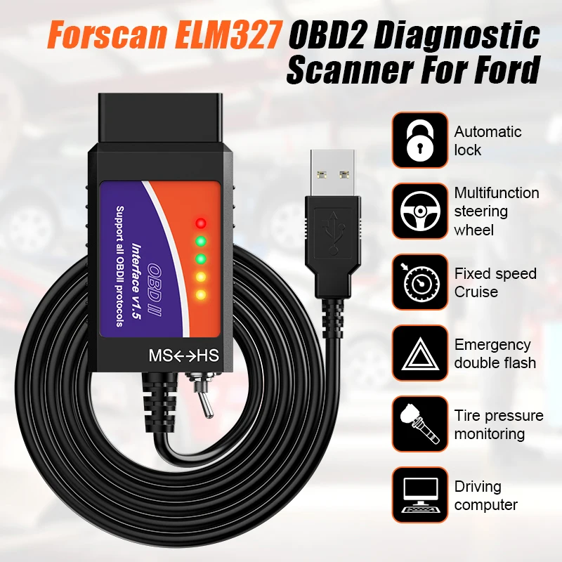 ELM327 OBD2 Diagnostic Scanner V1.5 USB Switch PIC18F25K80 Chip HS/MS CAN For Ford FORscan Code Reader
