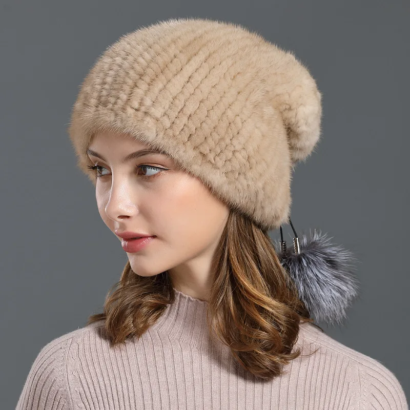 

Hot Sale Knitted Fox Fur Pompom Hats for Women Beanies Solid Elastic Mink Fur Caps Winter Hat Skullies Fashion Real Fur Hats