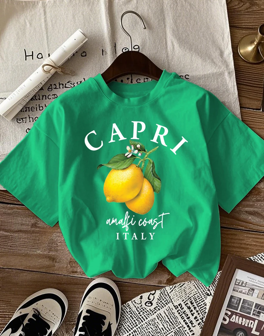 Italian Lemon Print Women's Cotton T-Shirt - O-Neck Short Sleeve Trendy Loose Streetwear Summer Top