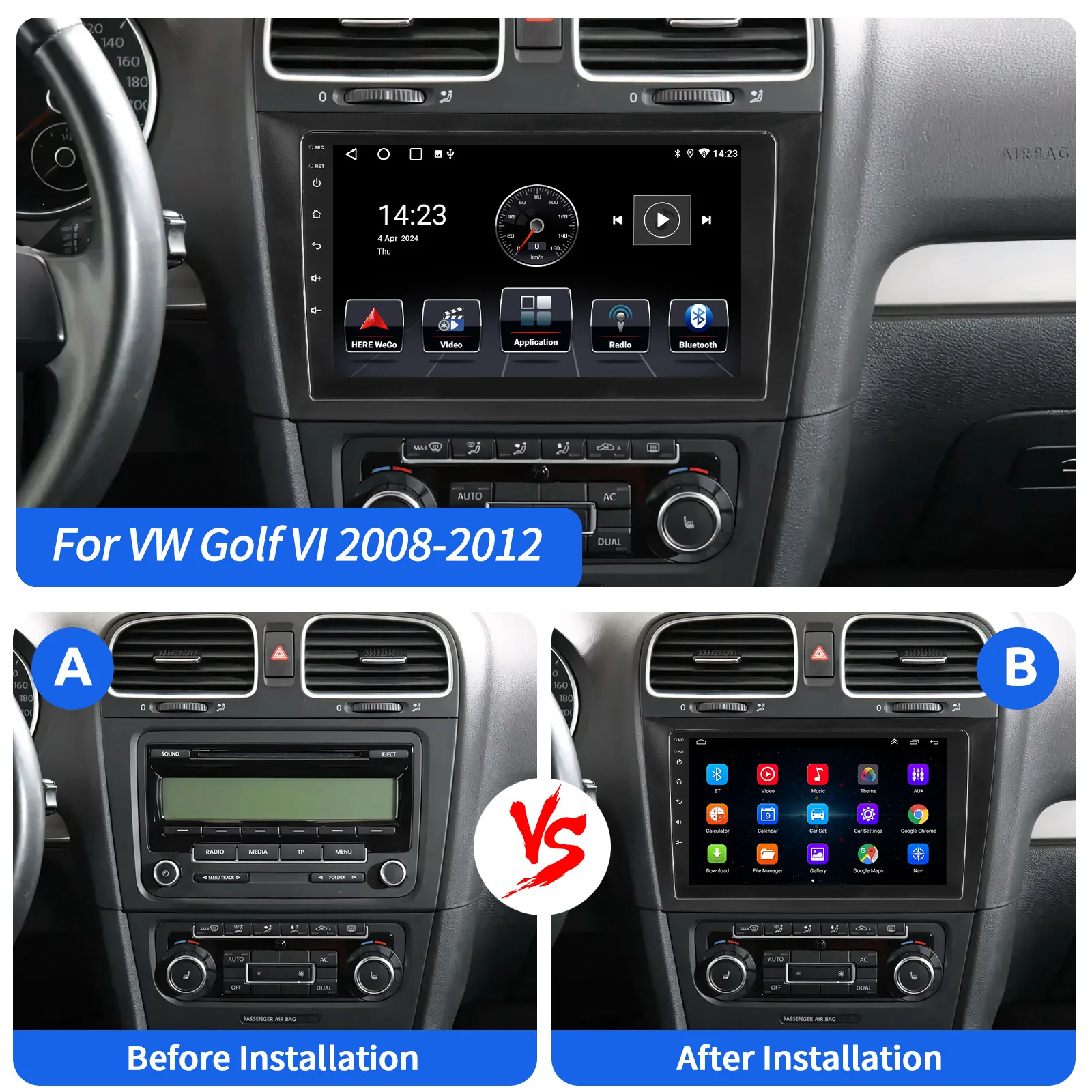 Autoradio ESSGOO Android 15 9 Zoll 64G für VW GOLF VI 2008-2012 Drahtloses CarPlay Android Auto GPS Navigation FM WIFI RDS Lenkradsteuerung Bluetooth USB Mirror Link IPS Touchscreen Head-Unit – Detail 3