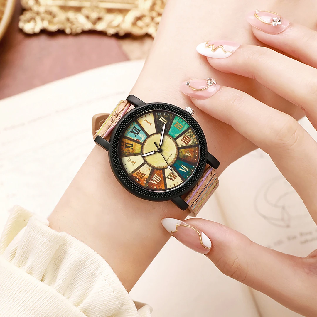 1PC Women's Fashion Watch Retro Roman Disc Quartz Imitation Leather Quartz Watch