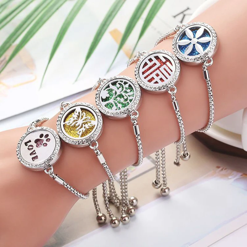 Aromatherapy Bracelet Women Essential Oil Diffuser Jewelry Adjustable Chain Tree Flower Wing Heart Locket Aroma Perfume Bracelet bracelet jewelry