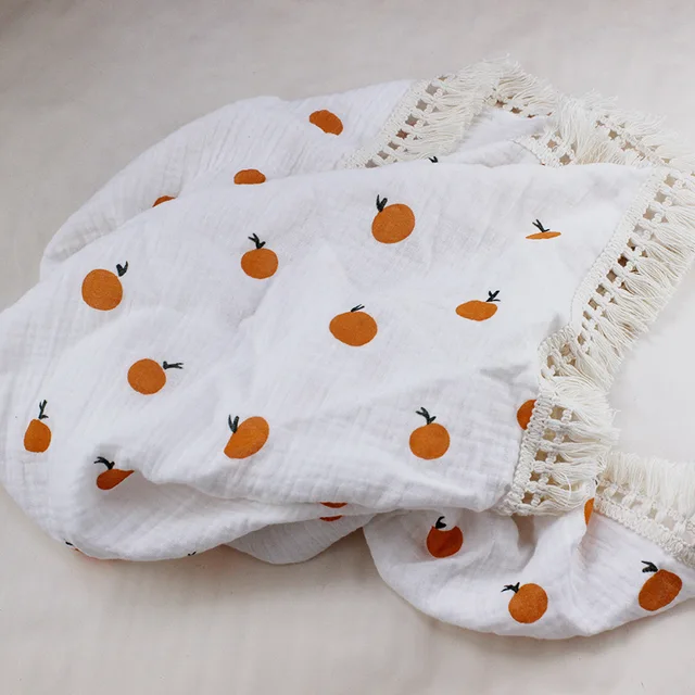 Cotton Muslin Swaddle Blankets for Newborn Baby Tassel Receiving Blanket New Born Swaddle Wrap Infant Sleeping Quilt Bed Cover Orange