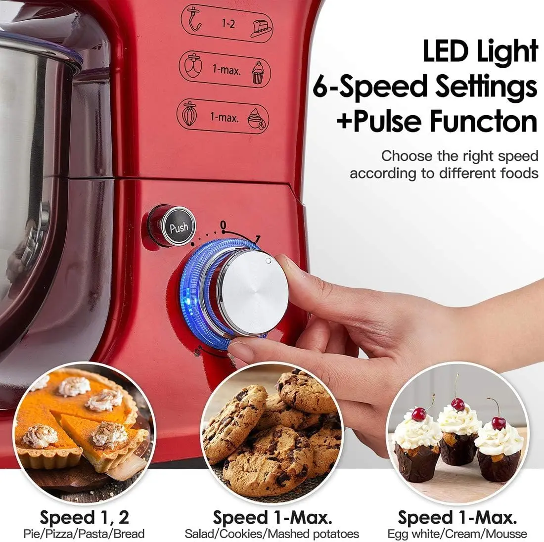 6 Speed Dough Mixer Metal Lid with Stainless Steel Bowl, Tilt-head Kitchen Mixer with Wire Whisk, Dough Hook, Flat Beater 3