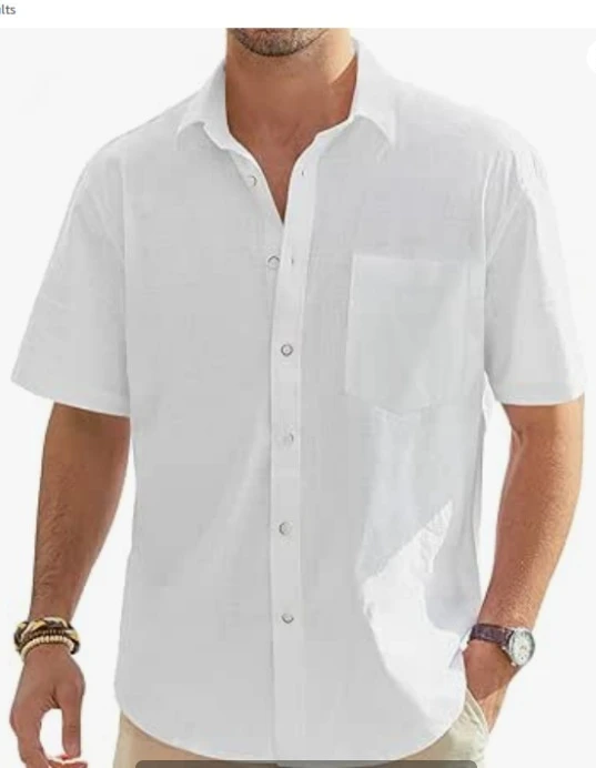 Men Summer European American Fashion Classic Comfortable Breathable Cotton Hemp Solid Color Short Sleeved Shirt