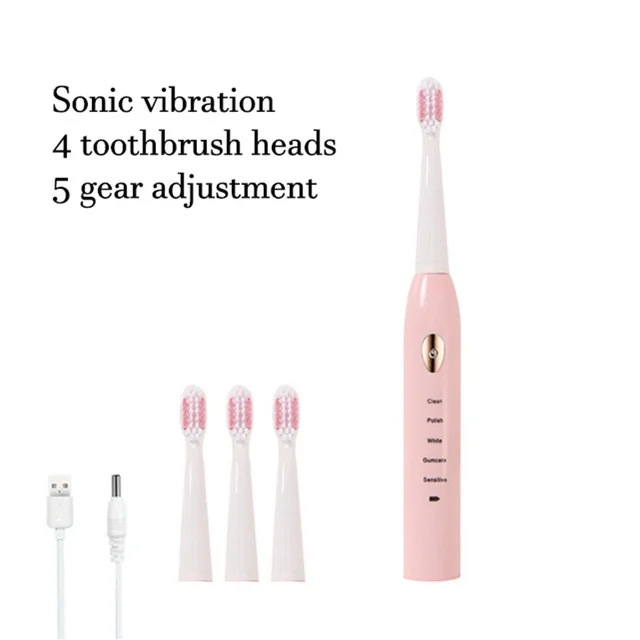 thumbnail image 1 of Cepillo de dientes eléctrico sónico con carga USB, 4 colores, IPX7, resistente al agua, modo de 5 velocidades, recargable por ultrasonidos, cepillo de dientes suave para adultos, 1 of 5