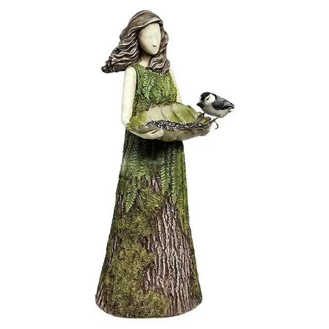 Erdei Lány Madár -Etető Zöld Tündér Szobor Etető Madárfürdők Kerti Gyep Udvarához Art Tornác Terasz Kültéri Dekorációk - Image 5