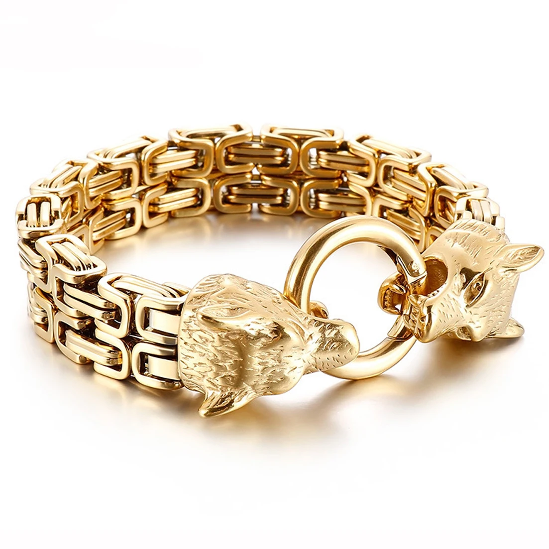 

7.48" 8.26" 8.66" Punk Wolf Head Bracelets Gold Color Stainless Steel Byzantine Chain Bangle Hip Hop Male Jewelry