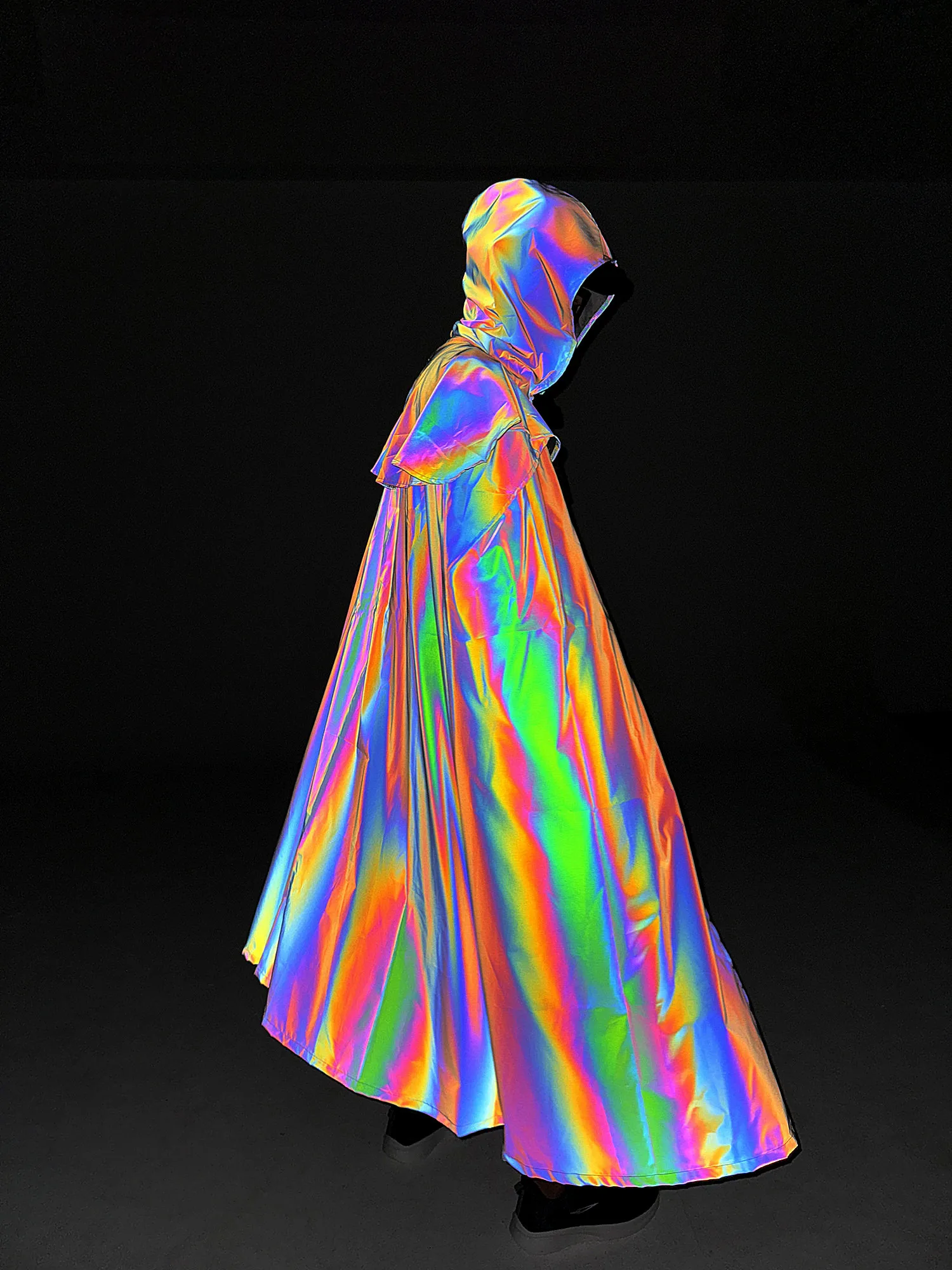 New Design Halloween Party Reflective Rainbow Hooded Cape Long Goth Coat Outfit