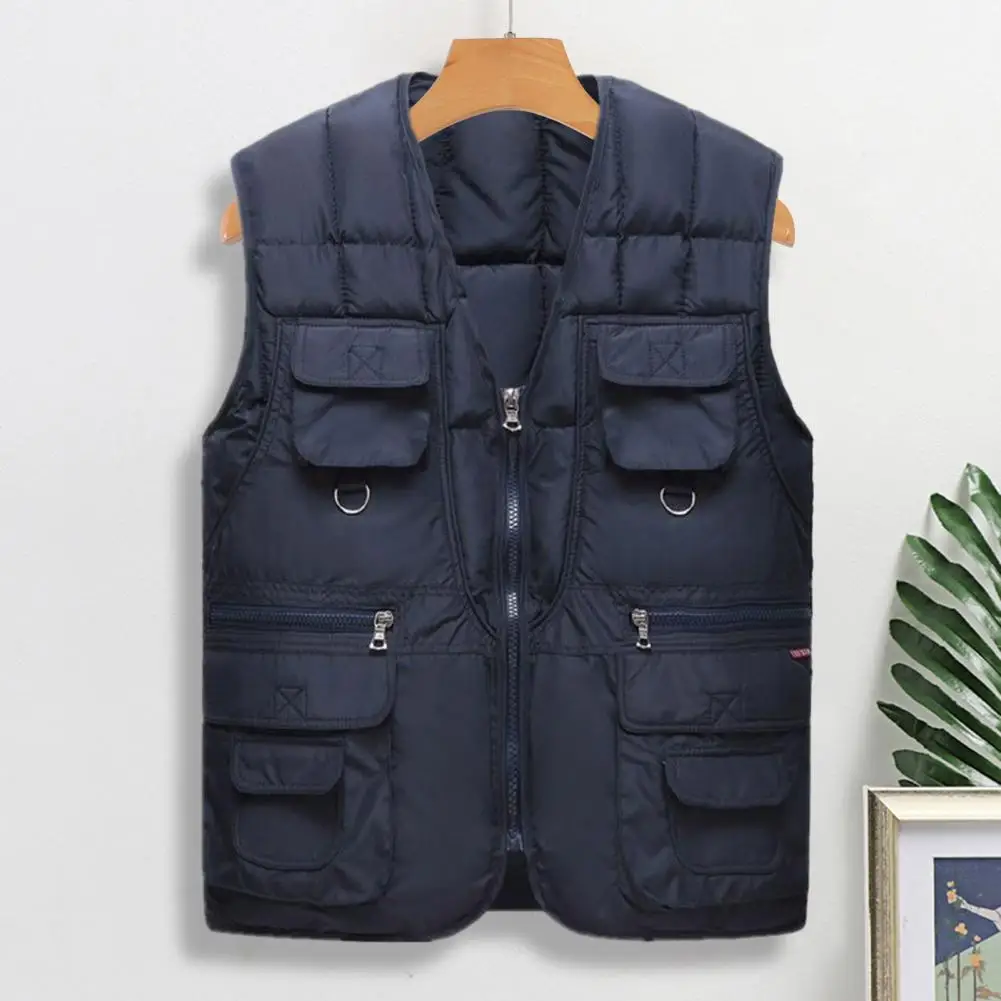 Men Vest Solid Color With Multiple Pockets Zipper Closure Sleeveless Vest Jacket Autumn Winter Waistcoat Men Fashion Clothing