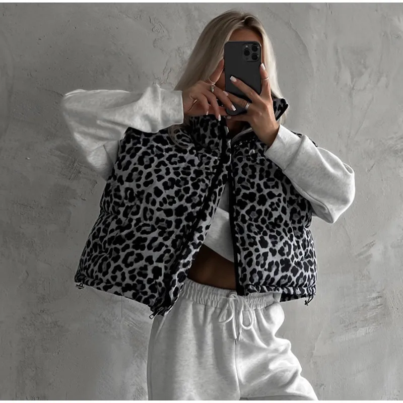 Vintage Leopard Zipper Cotton Vests Women Casual Loose Sleeveless Lapel Short Coats Female Autumn Chic Elegant Street Outwear