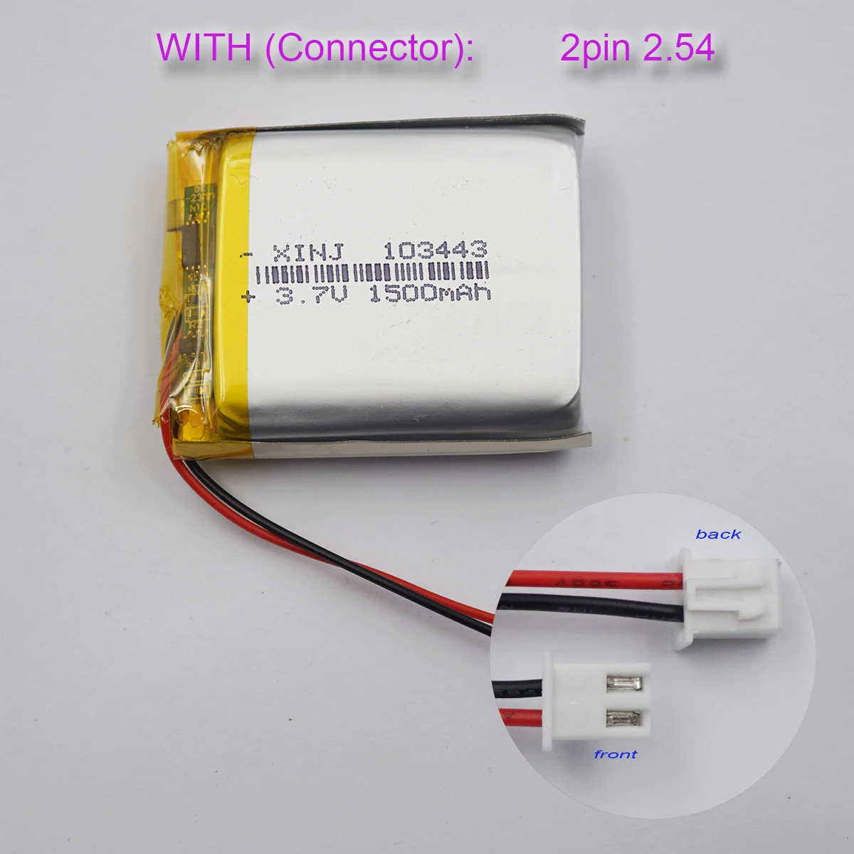 

3.7V 1500mAh 5.55Wh Li-Polymer Li Rechargeable Battery 103443 JST 2Pin 2.54mm For GPS Camera LED Instrumentation DashCam Digital